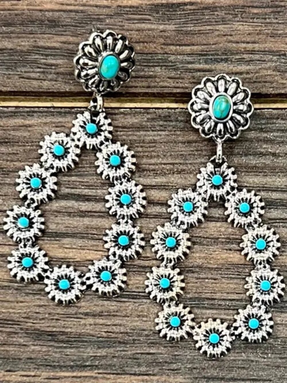 Turquoise Concho Teardrop Earrings Western Boho Rodeo Silver Statement Dangles